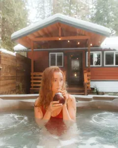There's nothing better than a hot soak after a long day of cold-weather hiking. :) The river is just below the cabin, so jets off means soothing river sounds to help you unwind. 