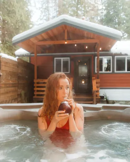 There's nothing better than a hot soak after a long day of cold-weather hiking. :) The river is just below the cabin, so jets off means soothing river sounds to help you unwind. 