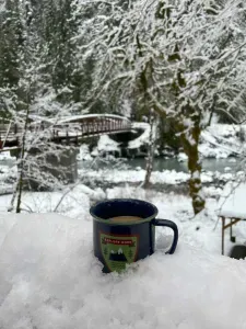 Hot coffee on a snowy morning in a cabin next to the river? We've got your covered. :)