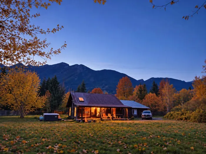 Welcome to Whitehorse Mountain Retreat—warm cabin lights, autumn color, and a beautiful mountain backdrop.