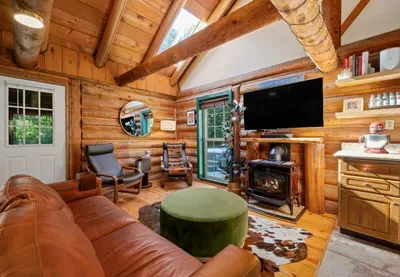 Comfortable living-room seating faces the TV, with warm log walls and a gas fireplace for cozy cabin evenings.