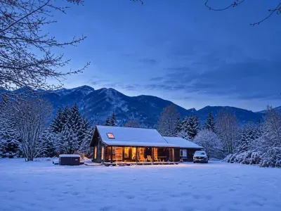 Warm cabin lights beneath the mountain backdrop on a snowy winter evening.