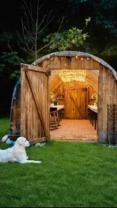 The greenhouse entrance, tucked beside the trees—a sheltered retreat on the cabin grounds.