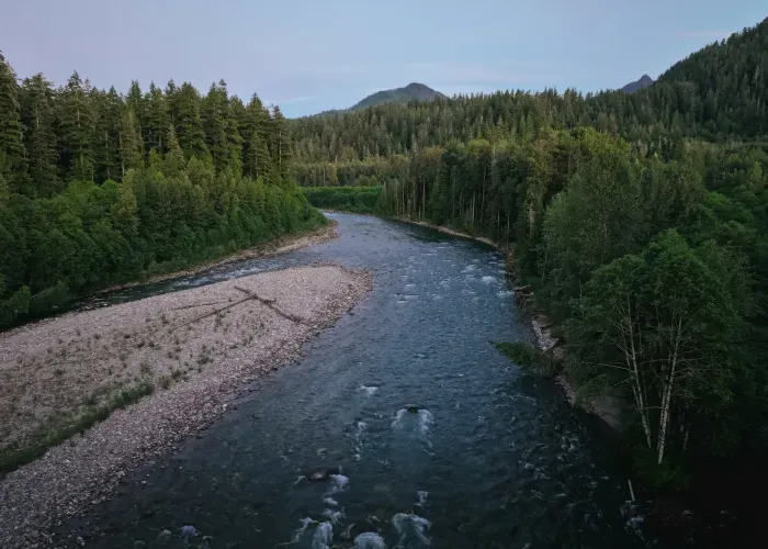 An aerial view of the beautiful Sauk river, just steps from your door.
