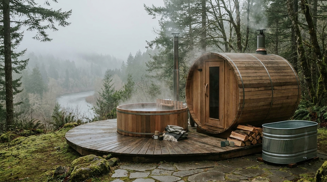 Steamy barrel sauna and hot tub overlook foggy river valley