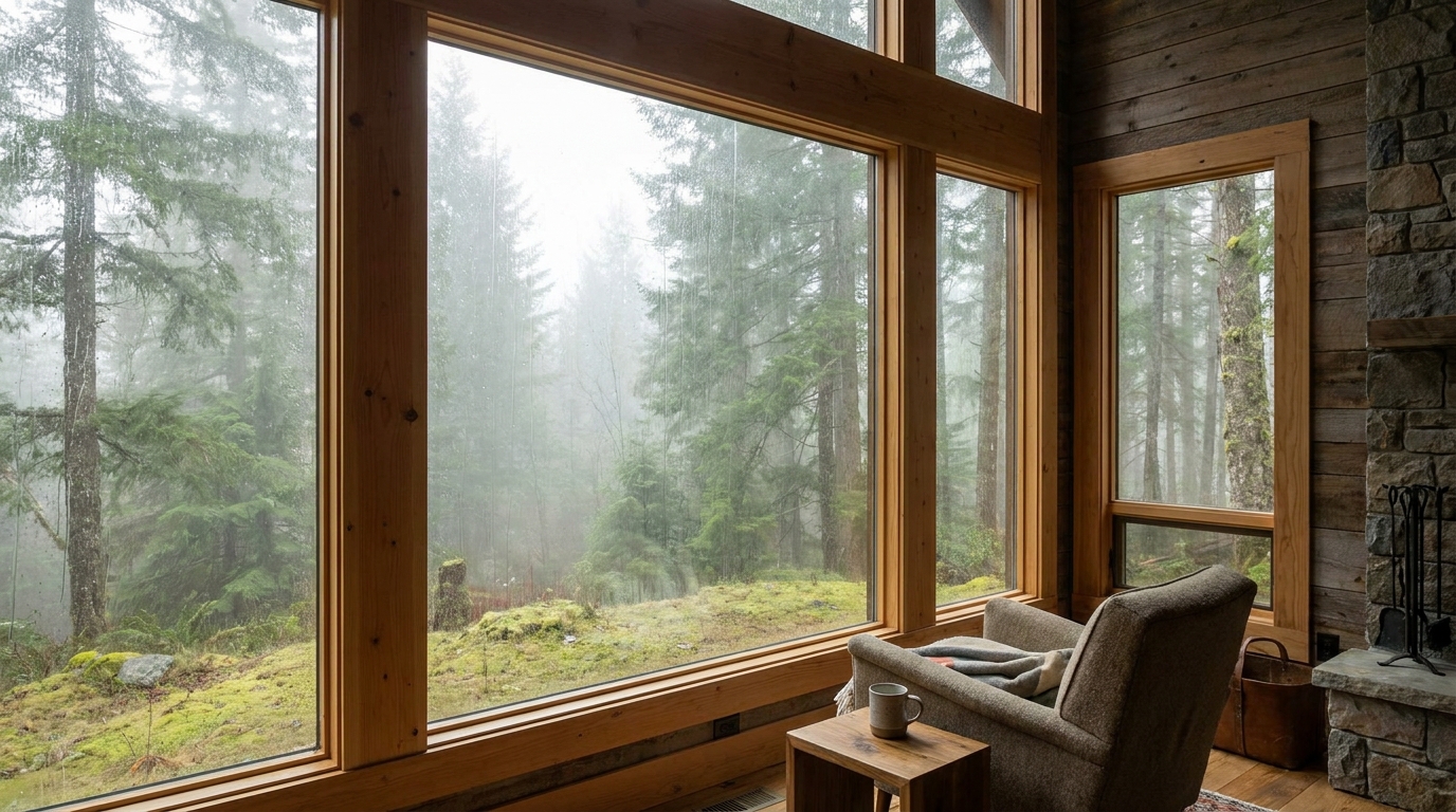Cozy armchair overlooking misty forest through large windows