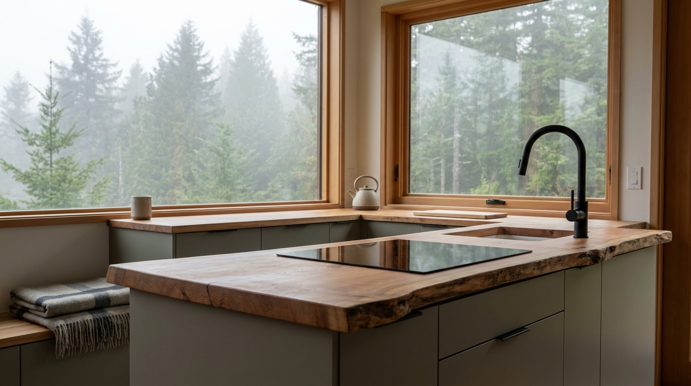 Modern kitchen with live-edge countertop and forest view