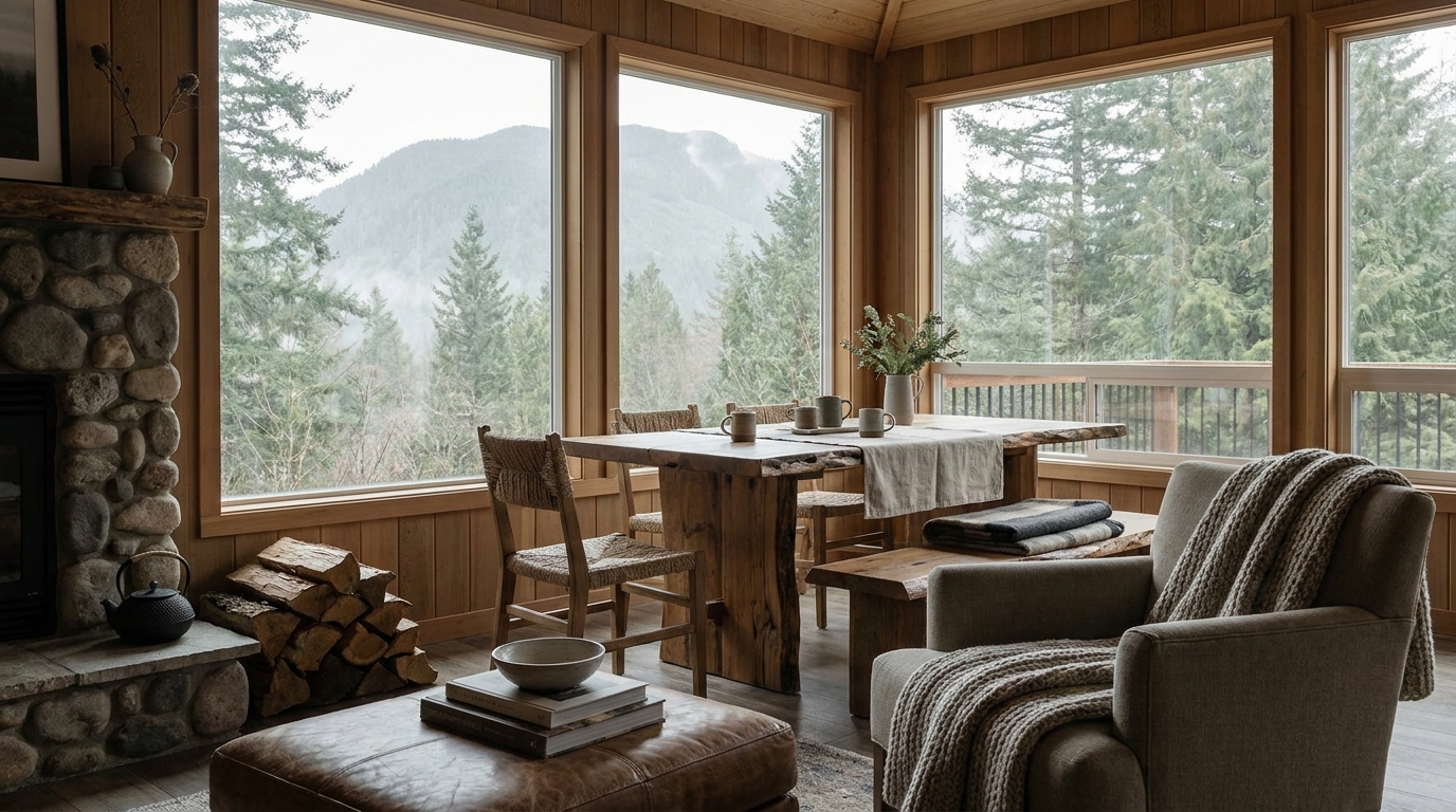 Cozy living room with fireplace and forest views