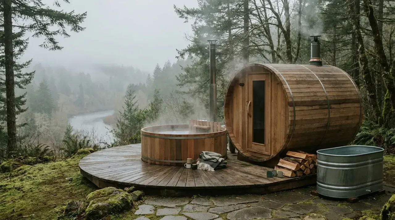 Steamy barrel sauna and hot tub overlook foggy river valley