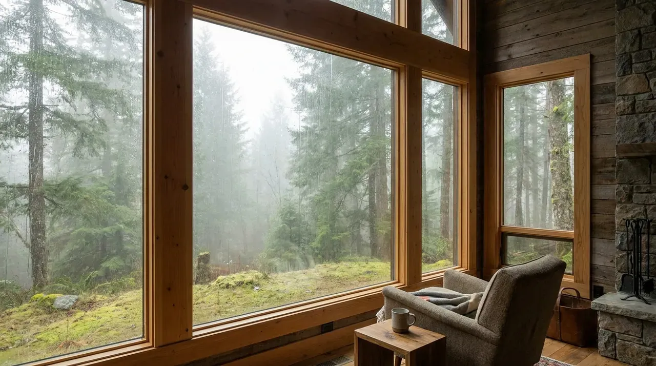 Cozy armchair overlooking misty forest through large windows