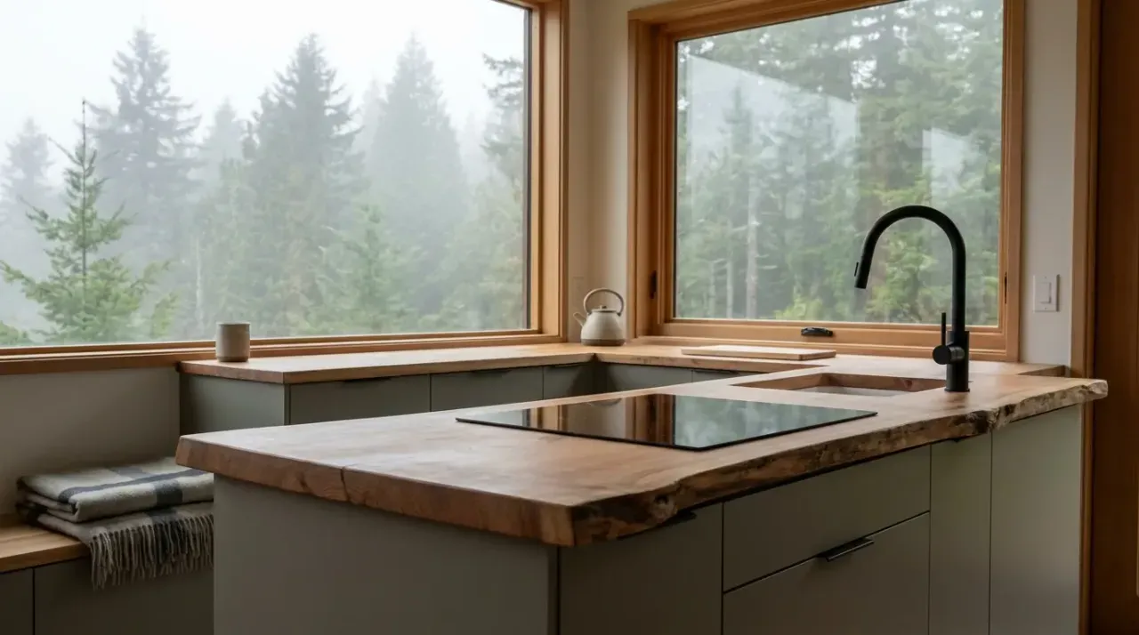 Modern kitchen with live-edge countertop and forest view