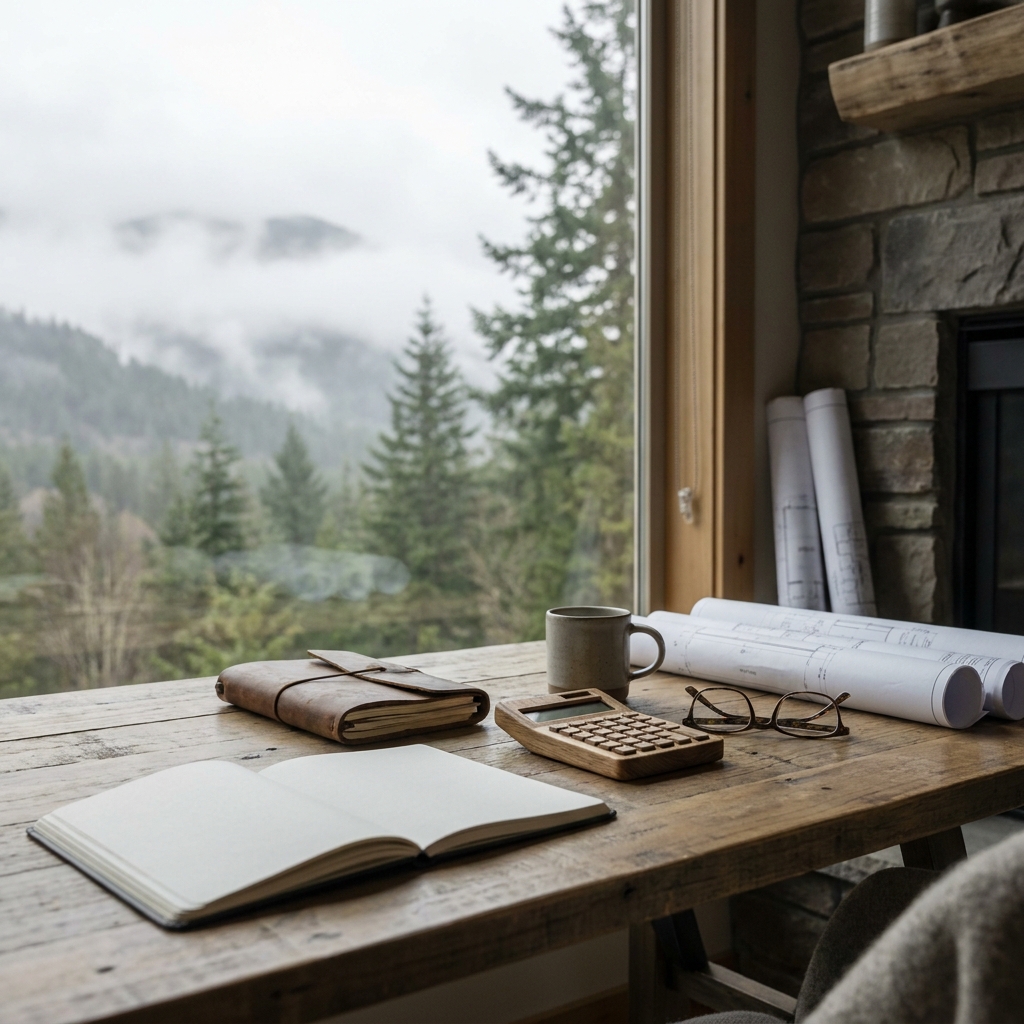 Rustic desk by a window overlooking a misty forest