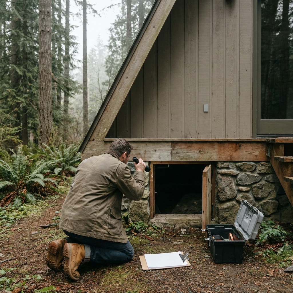 Man inspects a crawl space with a flashlight in the woods