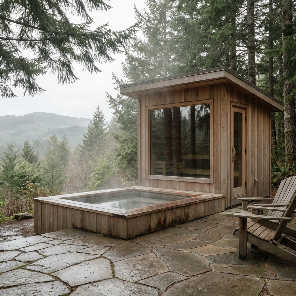 Hot tub and sauna nestled amongst evergreen trees