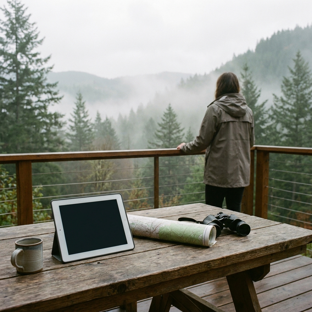 A person looking out at a misty forest from a wooden deck.
