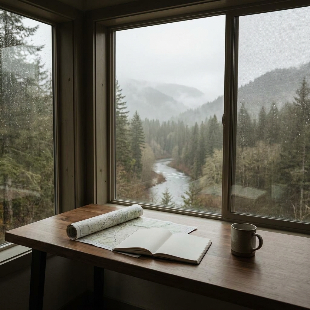Cozy cabin view with a map and coffee