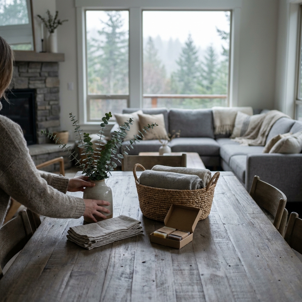 Cozy living room with fireplace, sectional couch, and forest view