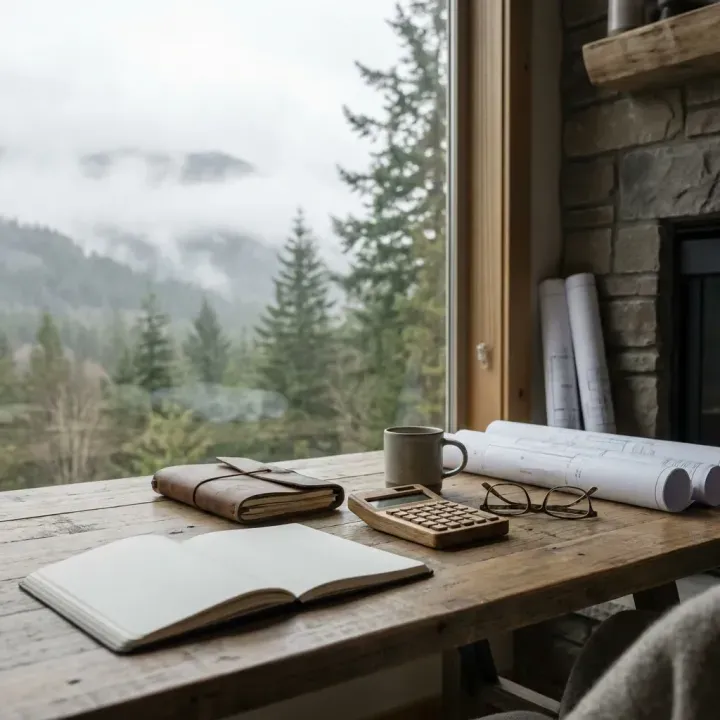 Rustic desk by a window overlooking a misty forest