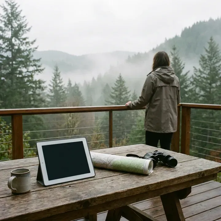 A person looking out at a misty forest from a wooden deck.