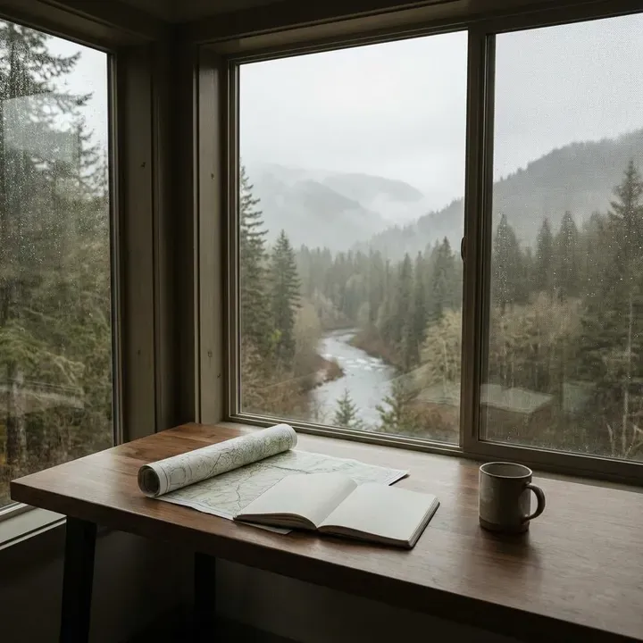 Cozy cabin view with a map and coffee