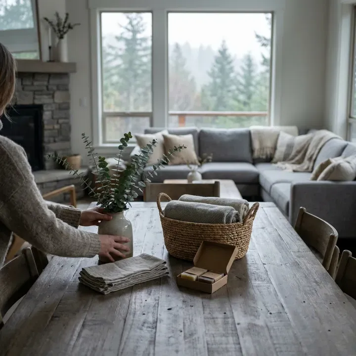 Cozy living room with fireplace, sectional couch, and forest view