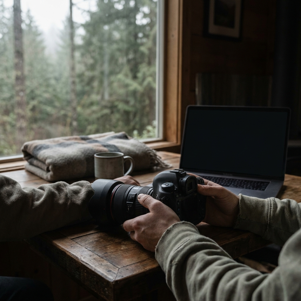 Cozy cabin retreat with camera and laptop, overlooking forest.