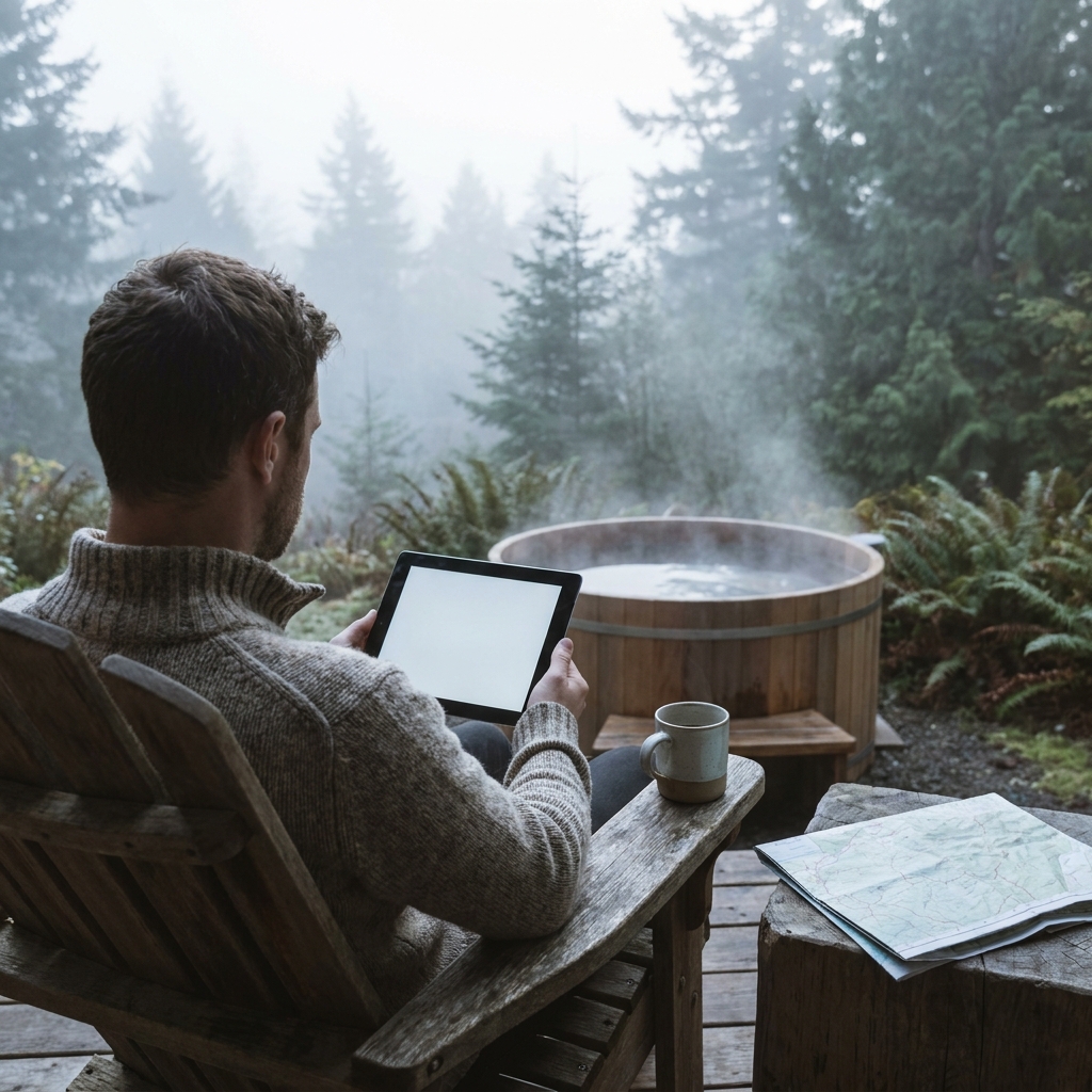 Relax in a hot tub while using a tablet amidst the forest