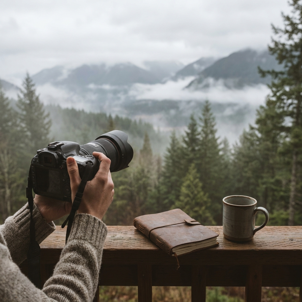 Capture stunning mountain views with a camera and cozy mug