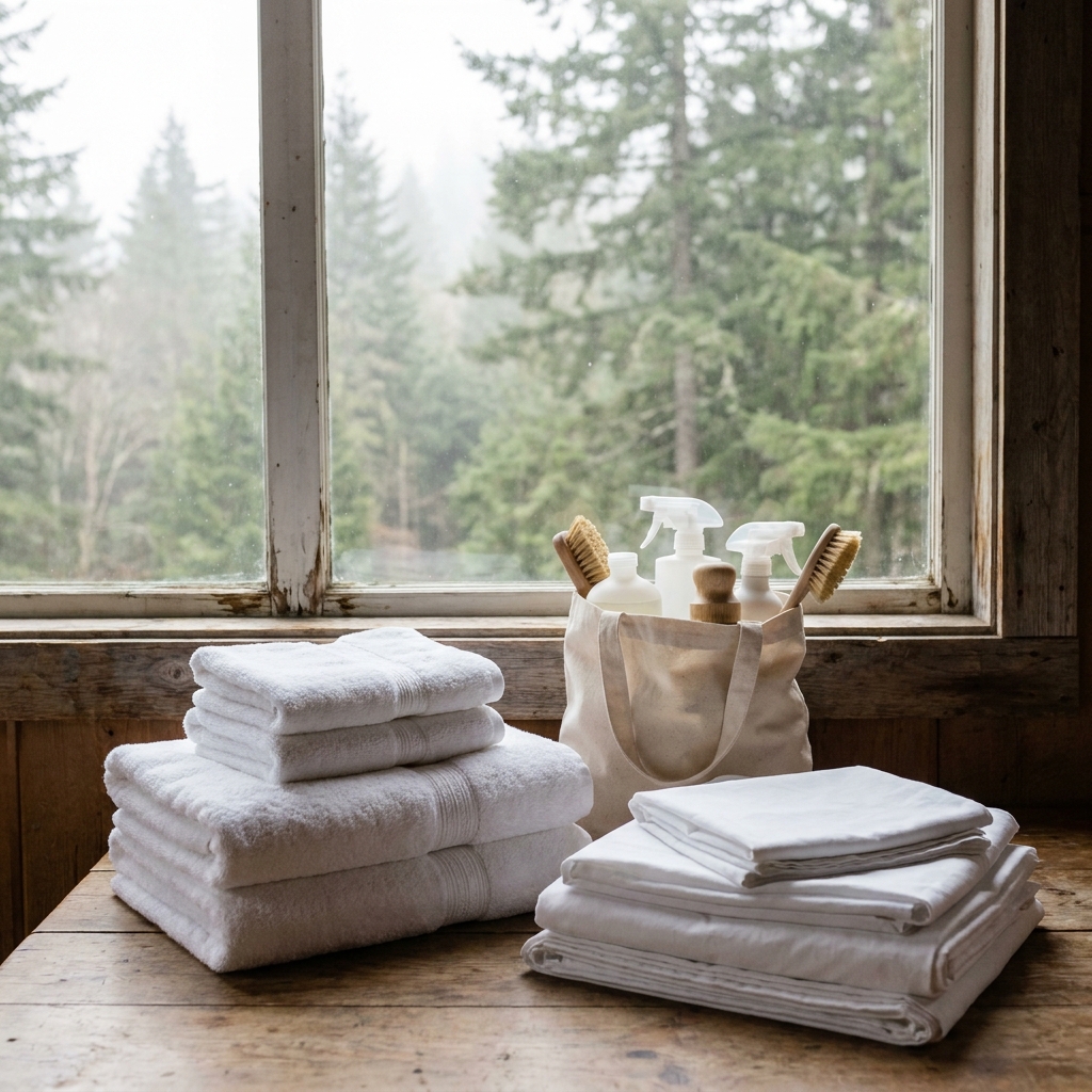 Clean white towels and linens by a misty forest window
