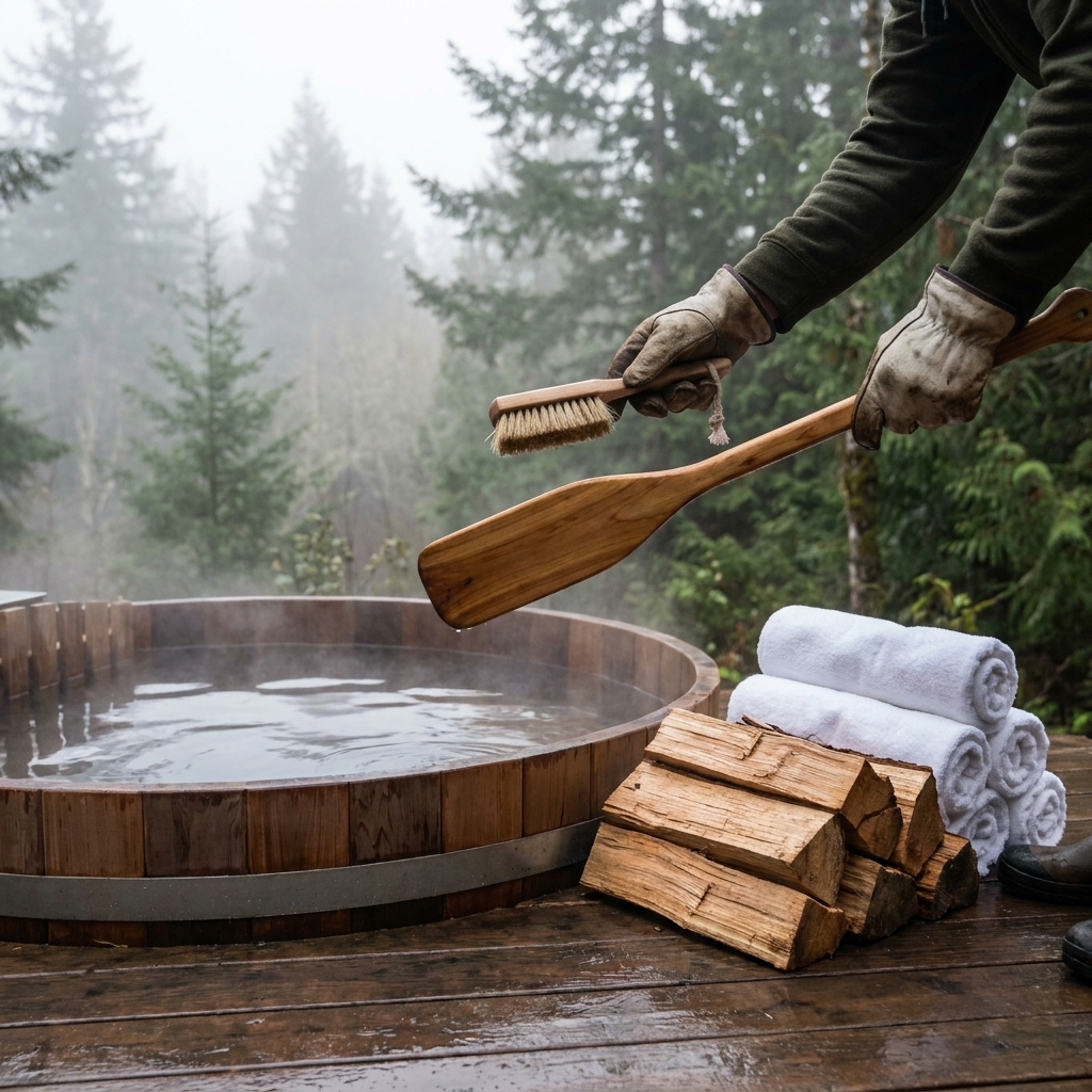 Wood-fired hot tub, paddle, brush, towels, and firewood