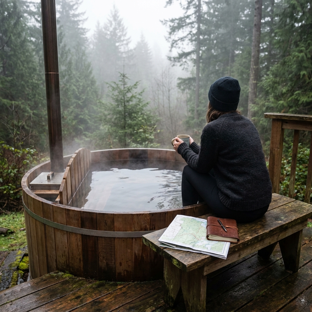 Enjoy a rustic hot tub surrounded by misty Pacific Northwest forest