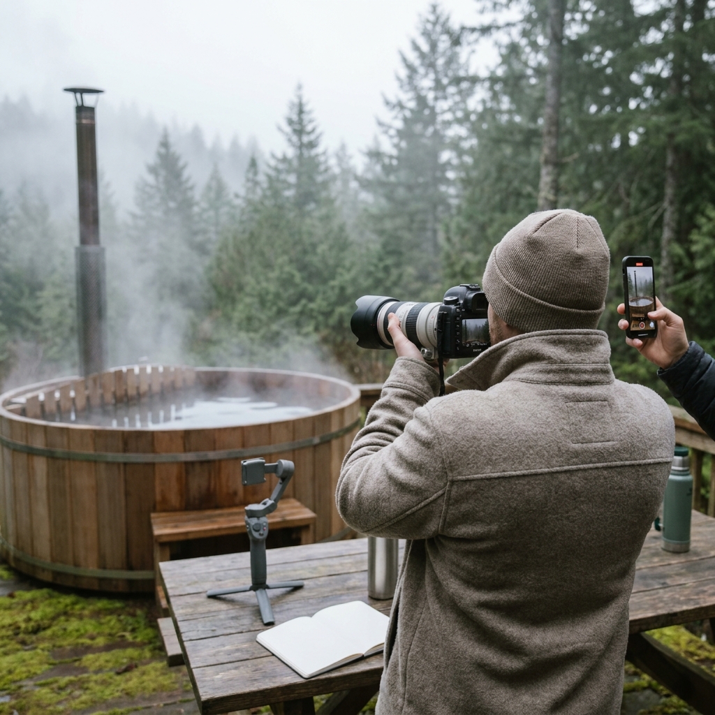 Photographer capturing steam rising from a wooden hot tub.