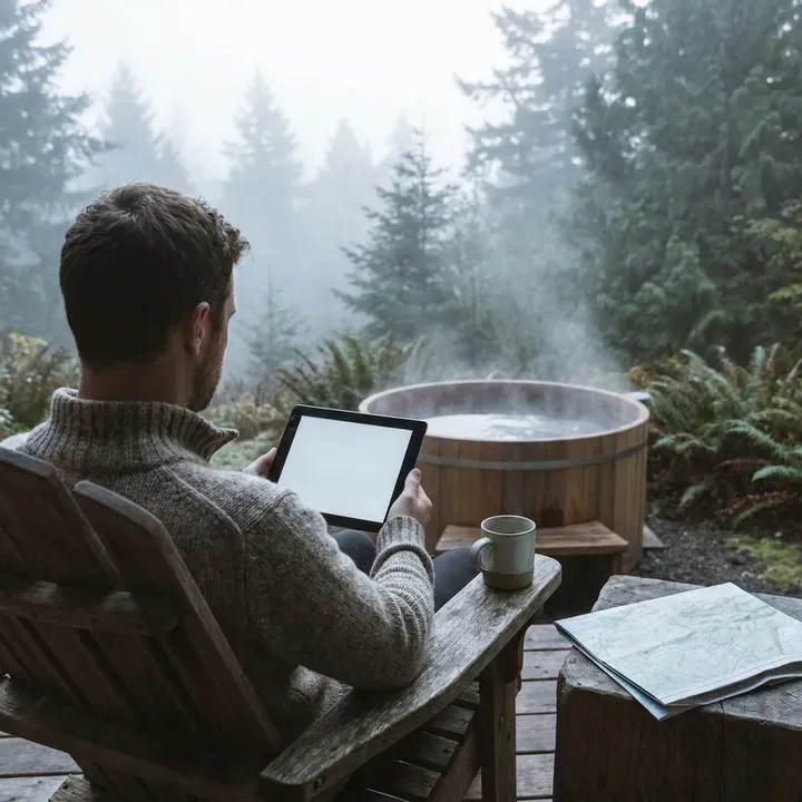 Relax in a hot tub while using a tablet amidst the forest
