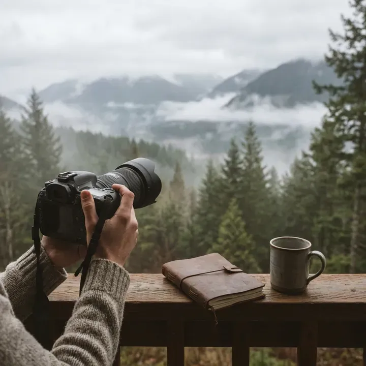 Capture stunning mountain views with a camera and cozy mug