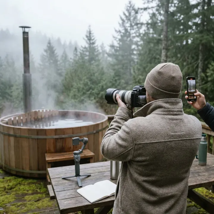 Photographer capturing steam rising from a wooden hot tub.