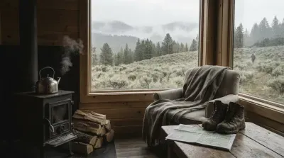 Cozy cabin with steaming kettle, armchair, and mountain views