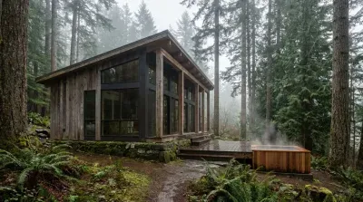 Rustic cabin with hot tub nestled in a misty, evergreen forest