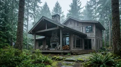 Rustic cabin nestled in a misty, forested setting