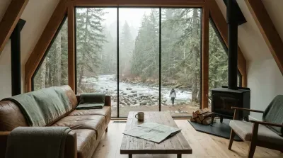 Cozy cabin living room with river and forest view