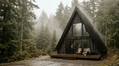 Cozy A-frame cabin nestled in a misty Pacific Northwest forest