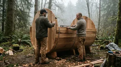 Building a wooden barrel sauna in a misty forest setting
