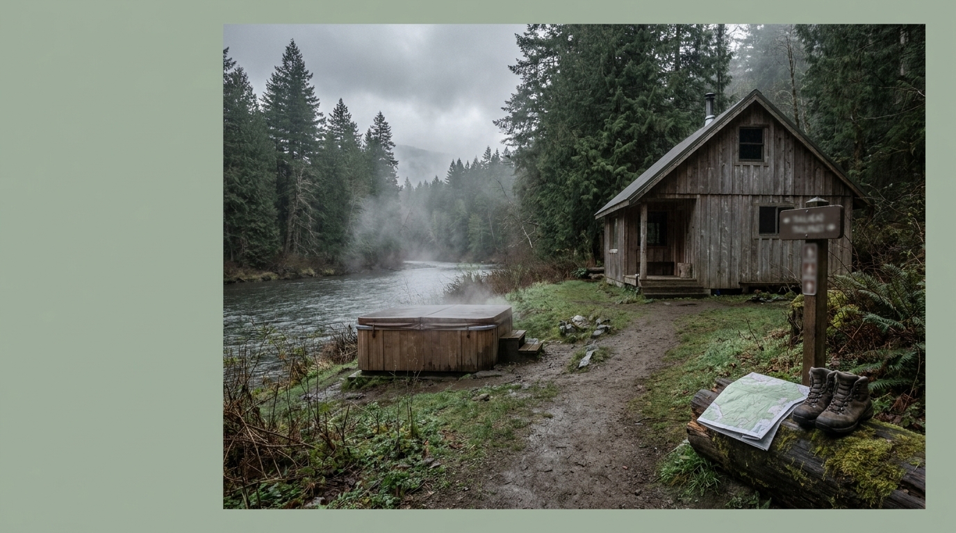 Rustic cabin, hot tub by river, and hiking boots await adventure