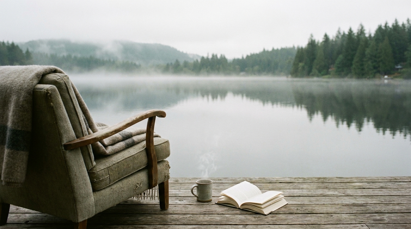 Cozy armchair, book, and coffee by a misty lake