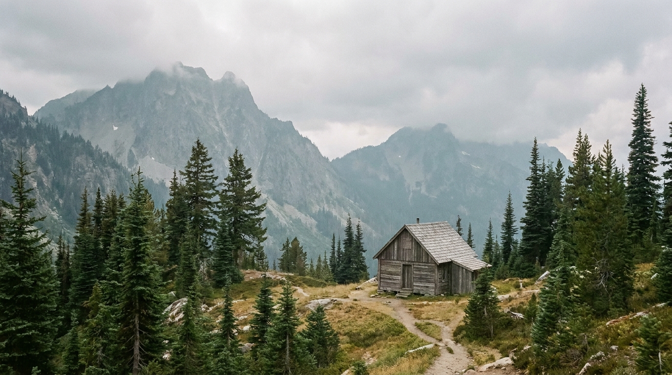 Rustic cabin nestled among evergreen trees and mountains