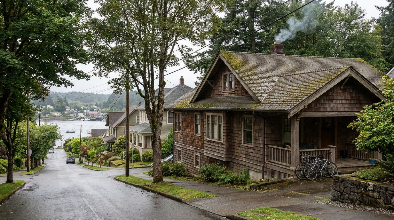 Wood shingled house with bicycles and water view
