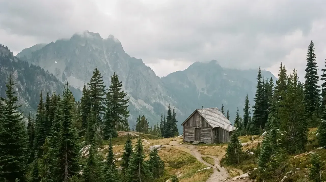 Rustic cabin nestled among evergreen trees and mountains