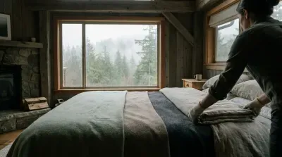 Cozy cabin bedroom with forest view, person making the bed.