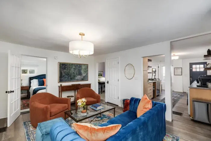 Our comfy chairs swivel for family movie night Our Smart TV live Samsung TV as well as all the streaming services. Game Pass and other live trivia games.