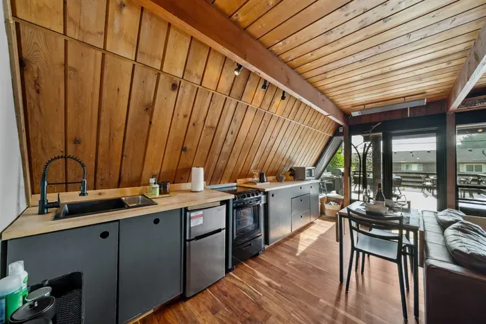 Our kitchen is tiny but has everything you need to prepare a meal.
