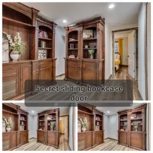 Slide the one of a kind custom bookcase to reveal the two hidden bedrooms downstairs.